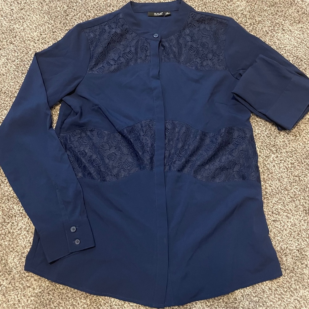 A.N.A Blue Lace Hidden button blouse